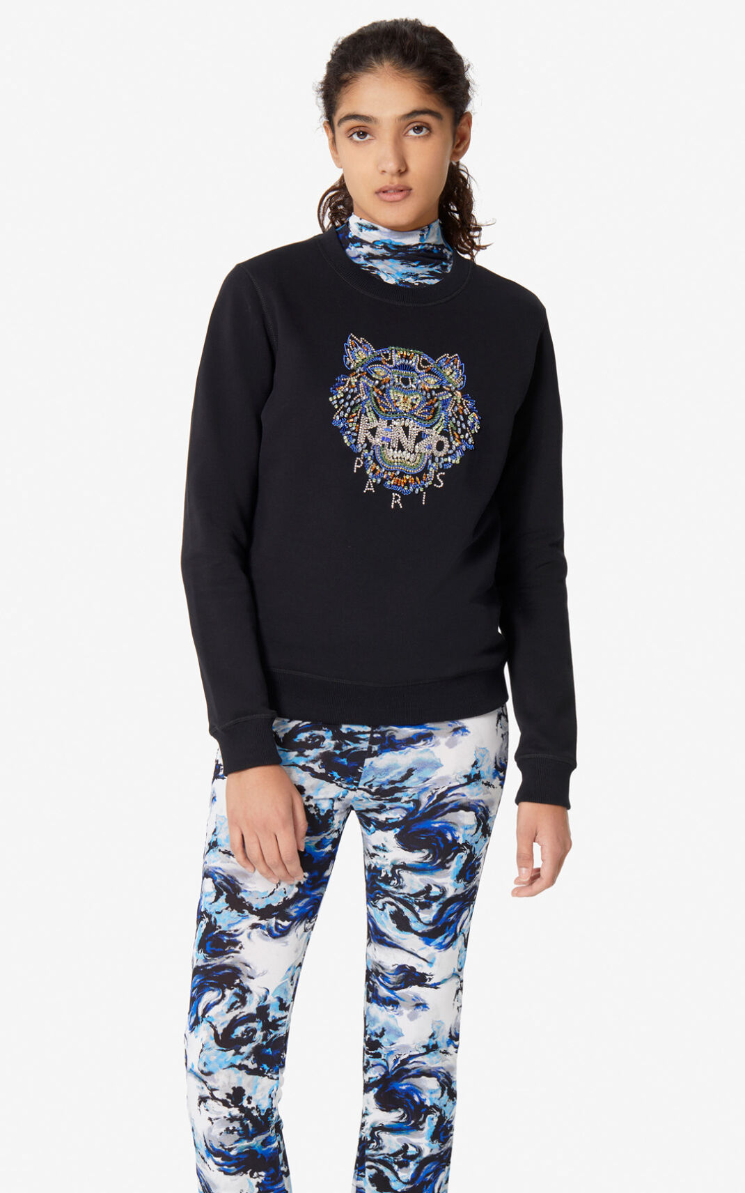 Sweat Kenzo Tiger hand embroidered Femme Noir | ZFHW-01354